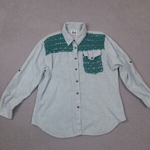 Vintage Tapestry Shirt Womens Medium Green White Button‎ Up Lace Made In USA